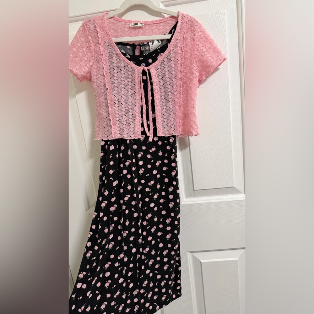 Self Esteem Pink Crochet‎ Bolero with Black Floral Dress Set, Size 7-8